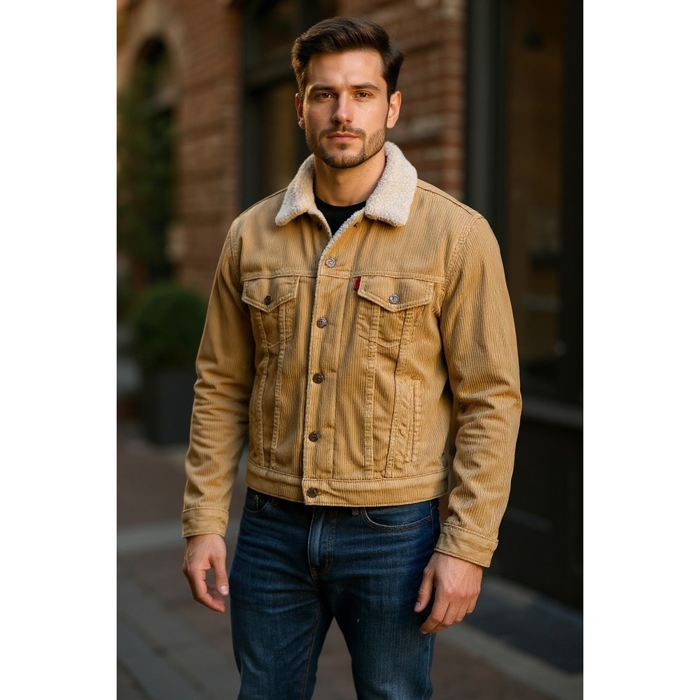 Levi Strauss & Co Mens Corduroy Sherpa Lined Trucker Jacket Tan XL